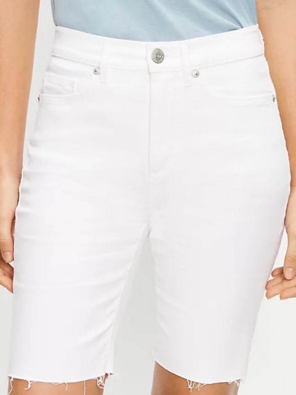 LOFT size 2 White High-Rise raw hem stretch Denim Slimming Bermuda Jean Shorts
